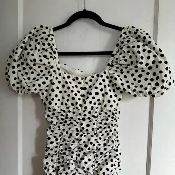 Zara Polka Dot Ruched Puff Cap Sleeve Ruffle Hem Mini Dress - Picture 5 of 9